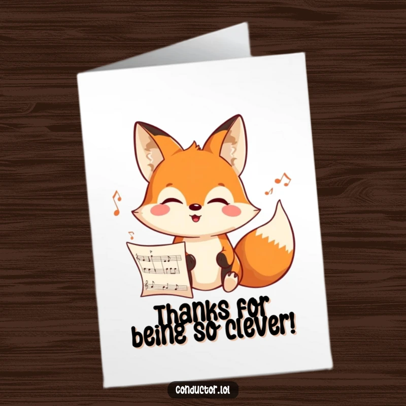 Funny Free Printable Thank You Card: A cheerful fox intensely studies a musical score with a joyful, thankful expression.