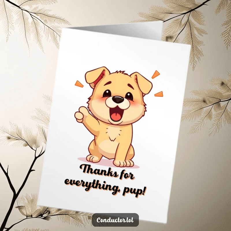 Funny Free Printable Puppy Thank You Card: A determined puppy barks out energetic commands, delivering a humorous and heartfelt thank you.