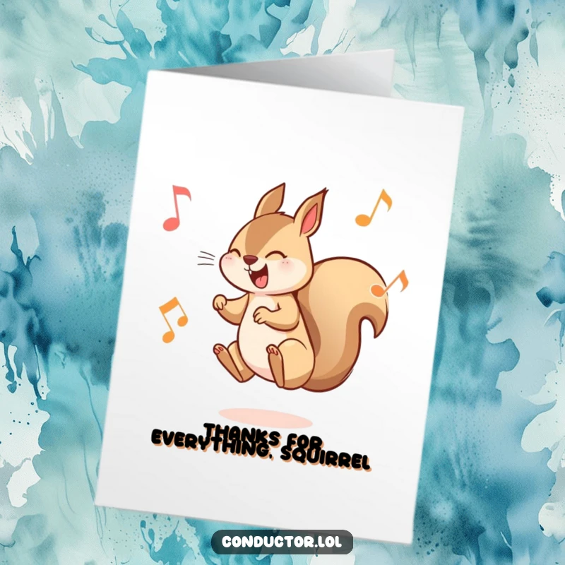 Funny Free Printable Thank You Card: Playful squirrel leaping between musical notes, a fun way to say thanks.