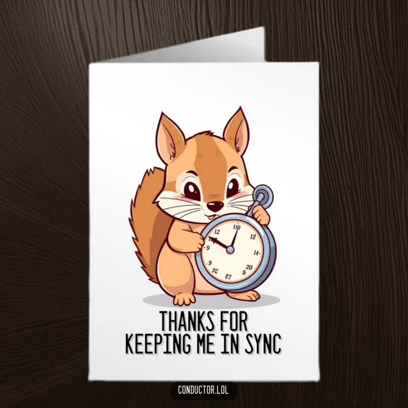 Funny Free Printable Thank You Card: Determined cartoon squirrel adjusting a metronome with focus, a punctual downloadable thank you.