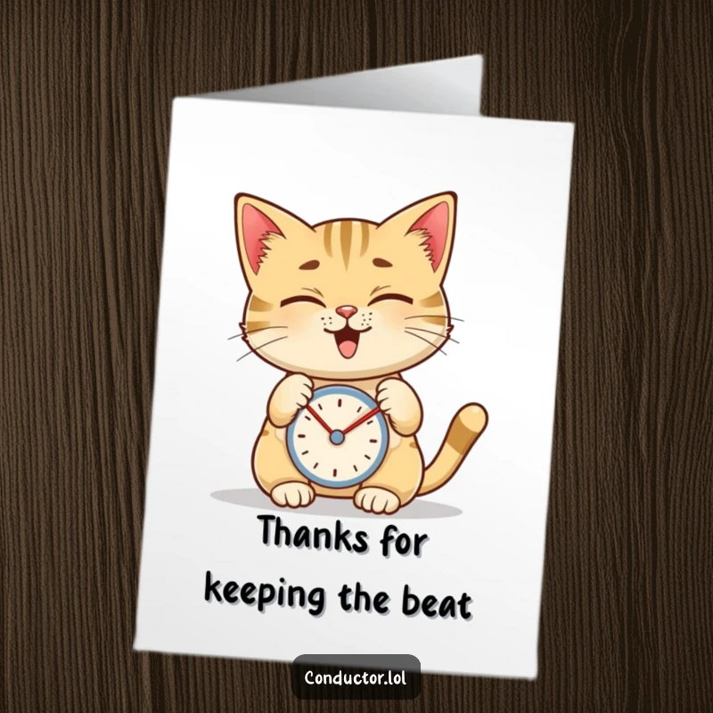 Funny Free Printable Thank You Card: A giggling cat taps a metronome, expressing thanks with focused, quirky charm.