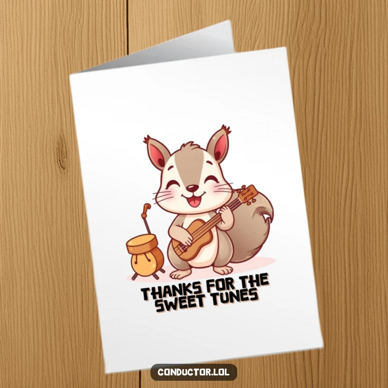 Funny Free Printable Thank You Card: A playful squirrel leads a tiny orchestra, playing a song of thanks.