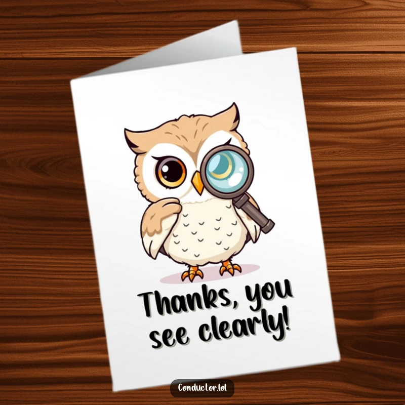 Funny Free Printable Thank You Card: A curious owl looking through a spyglass with an observant gaze.