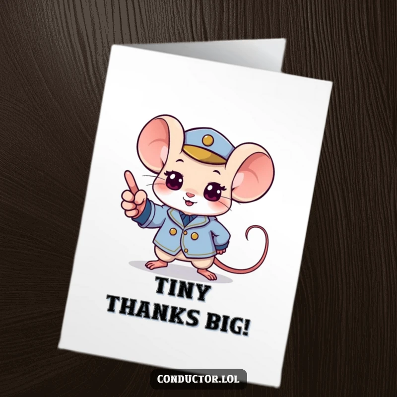 Funny Free Printable Thank You Card: A determined mouse in a tiny uniform points to a crescendo, conveying thanks with musical precision.