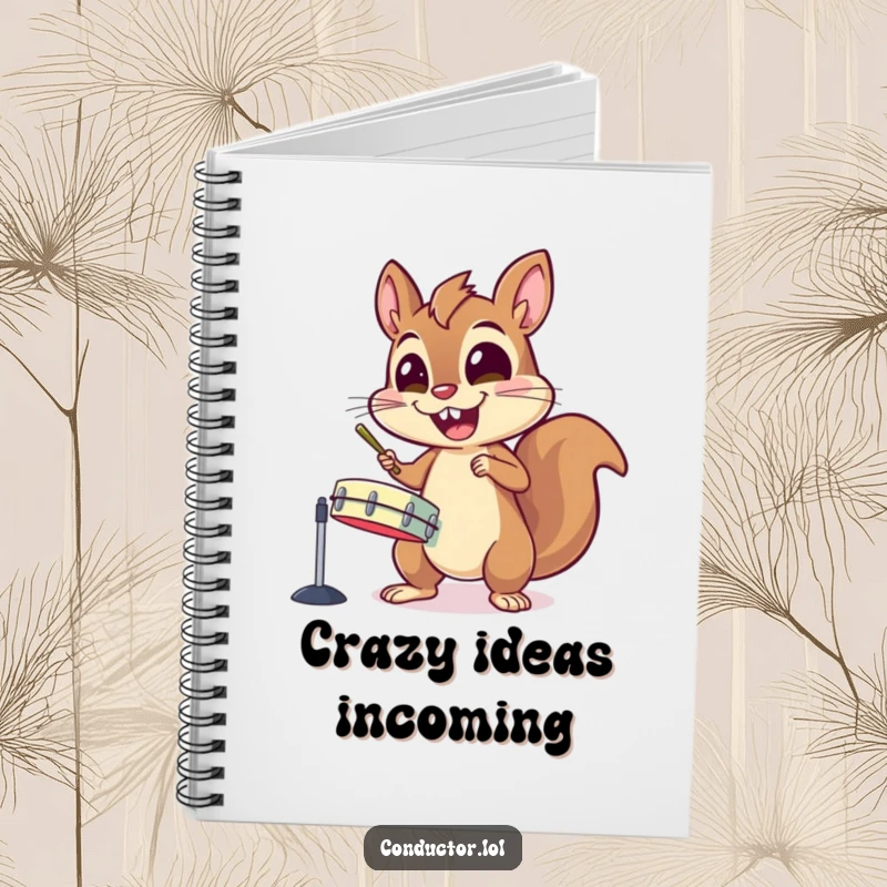 Funny notebook with an energetic squirrel character gleefully banging on cymbals with wide, excited eyes, perfect for note-taking.