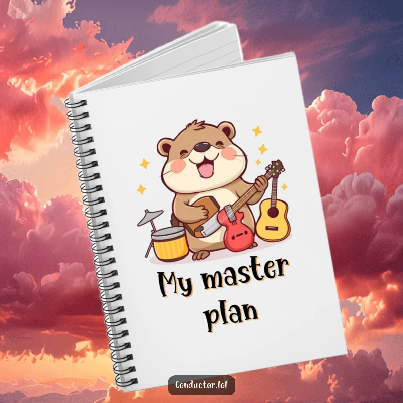 Funny beaming beaver cheerfully organizing musical instruments, cover of a notebook.