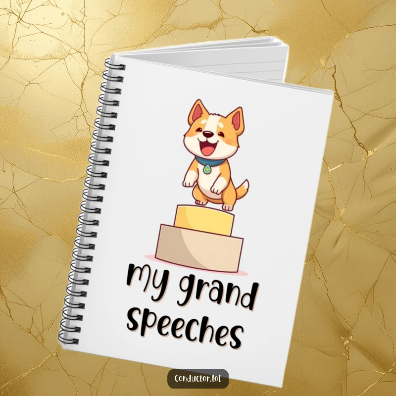 Funny notebook cover featuring a determined dog leaping onto a podium with a proud bark, perfect for goal-getters.