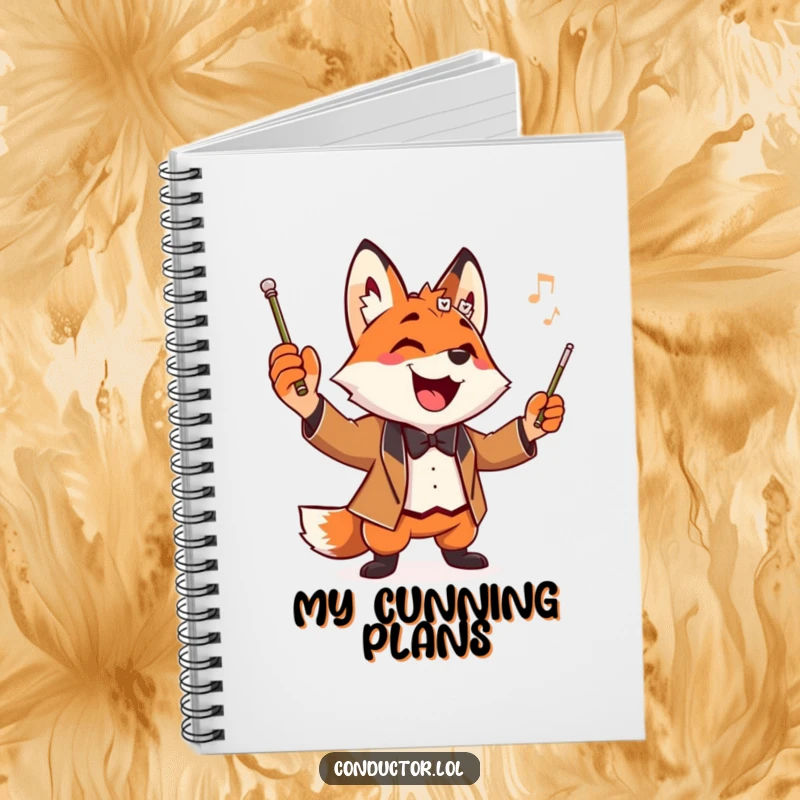 Funny Fox Conductor Notebook featuring a playful fox maestro striking a pose, ideal for writing musical ideas and dramatic notes.