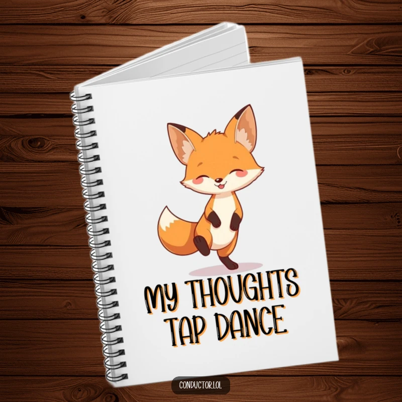 Funny fox tapping its foot to unheard music, full of playful energy, on a lined notebook for writing.