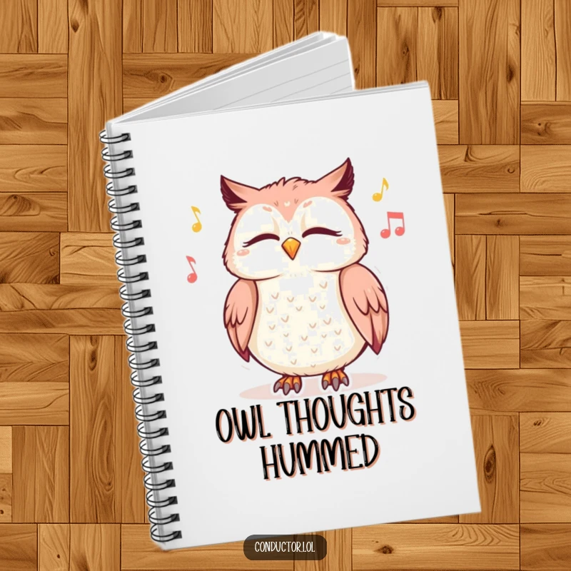 Funny notebook with a giggling owl swaying to music, encouraging creative thought and peaceful note-taking.