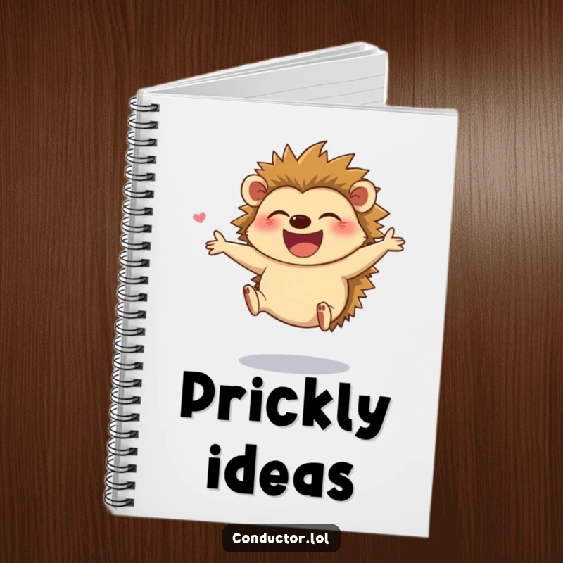 Funny notebook featuring a giggling hedgehog leaping joyfully while directing, perfect for jotting down happy ideas.