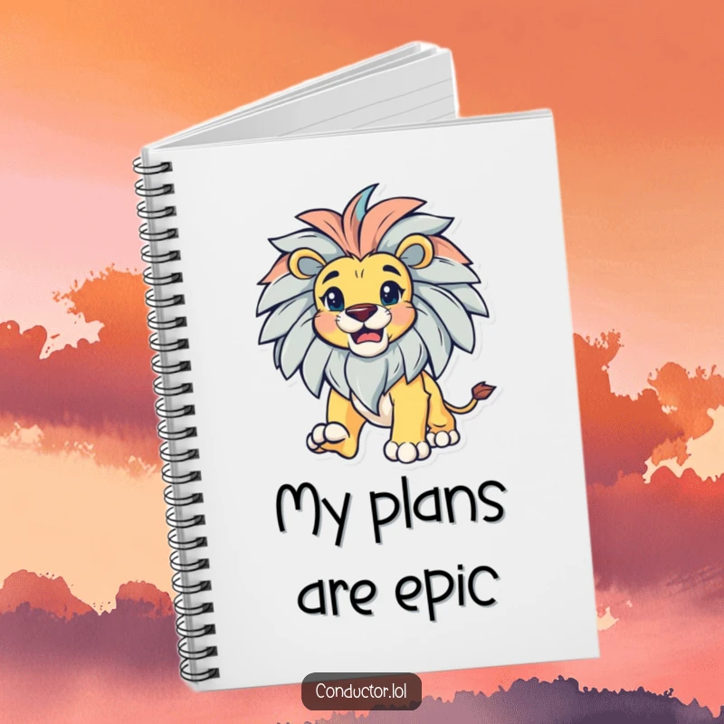 Funny bold lion with a magnificent mane, leading with gusto, on a lined notebook for planning.