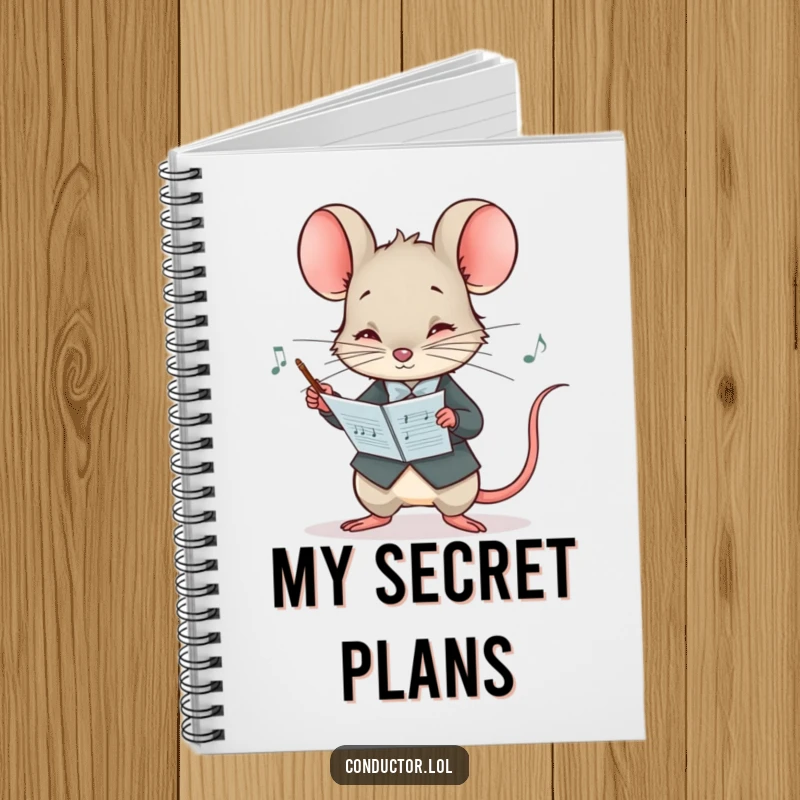 Funny notebook with a curious mouse conductor peering at a musical score with intense concentration, perfect for detailed notes.