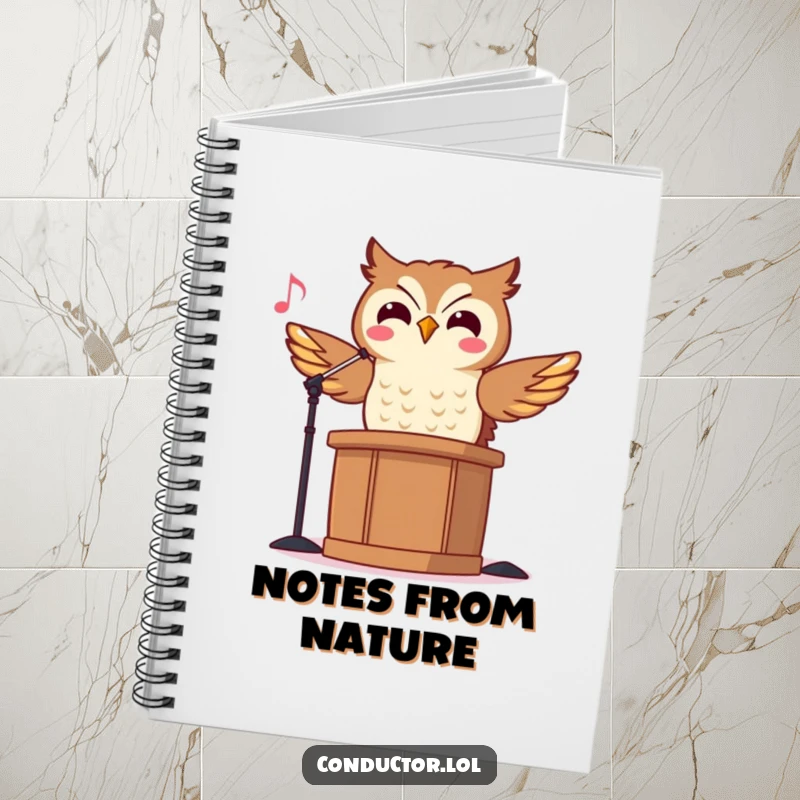 Funny Owl Conductor Notebook featuring a rhythmic owl maestro, ideal for jotting down musical notes and daily thoughts.