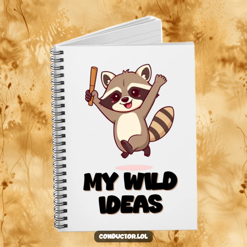 Funny raccoon conductor notebook, enthusiastically leaping with a baton, designed for capturing energetic inspirations and daily thoughts with humor.