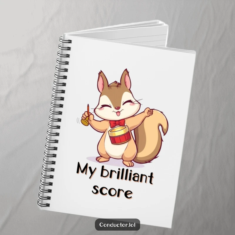Funny notebook with a winking squirrel conductor dramatically tapping a tiny cymbal with a flourish, perfect for musical notes.