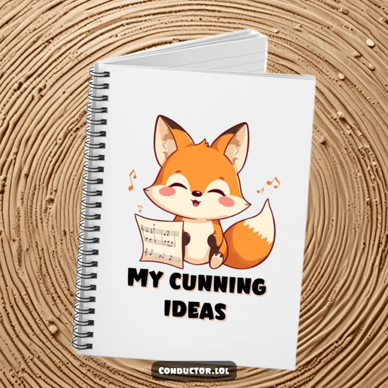 Funny cheerful cartoon fox intensely looking at an unseen musical score with a joyful expression on a notebook cover, inspiring musical focus.