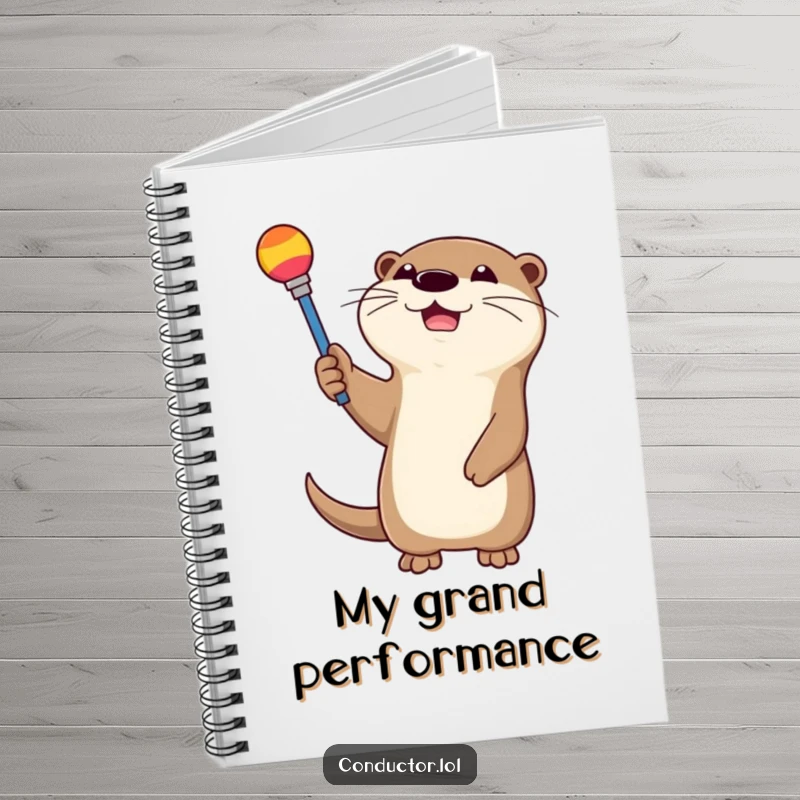 Funny, happy otter waving a colorful baton, on the cover of a notebook. Great for organizers and writers.