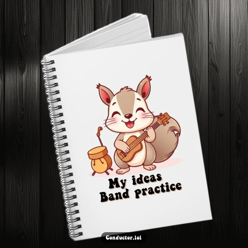 Funny notebook with a playful squirrel conducting a band of tiny instruments, perfect for jotting down musical ideas and notes.