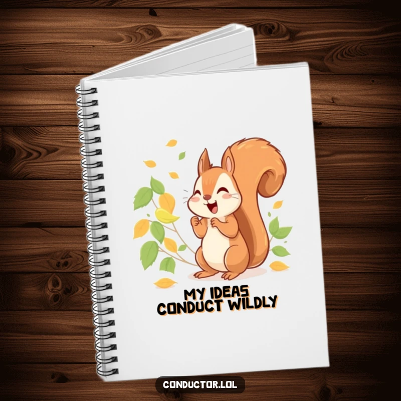Funny cheerful squirrel energetically conducting a symphony of rustling leaves, on a journal for writing.