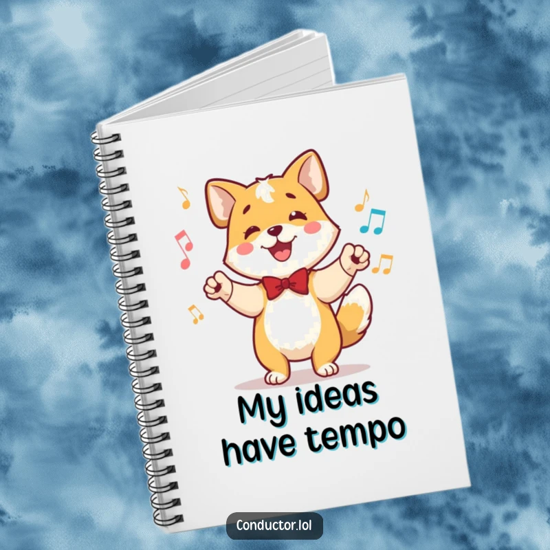 Funny notebook featuring a happy dog conductor, tail wagging rhythmically, ears perked, ideal for noting musical direction.