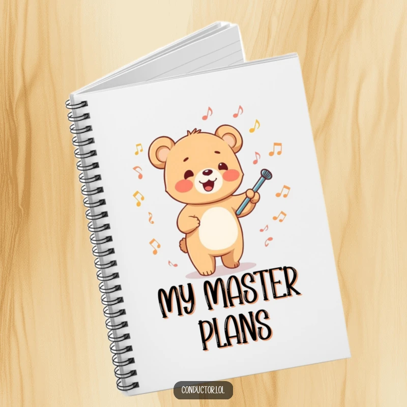 Funny happy cartoon bear cub energetically waving a tiny baton surrounded by musical notes on a notebook cover, inspiring musical direction.