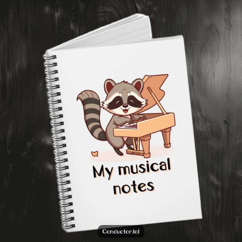 Funny Notebook: Happy raccoon energetically playing piano keys with its tail, inspiring musical creativity.