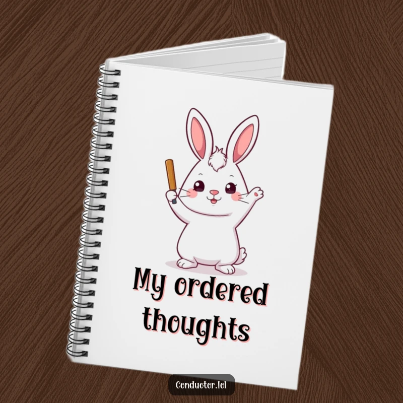Funny notebook with a playful rabbit holding a baton, stern yet kind face, ideal for jotting down notes and plans.