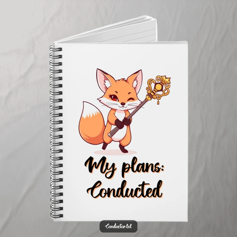 Funny notebook with a mischievous fox swinging a baton, perfect for jotting down plans and creative ideas with a commanding touch.