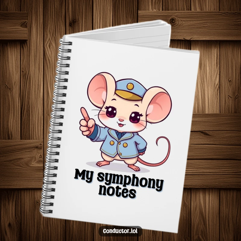 Funny mouse notebook with a determined mouse in a tiny uniform pointing with excitement to a musical crescendo.