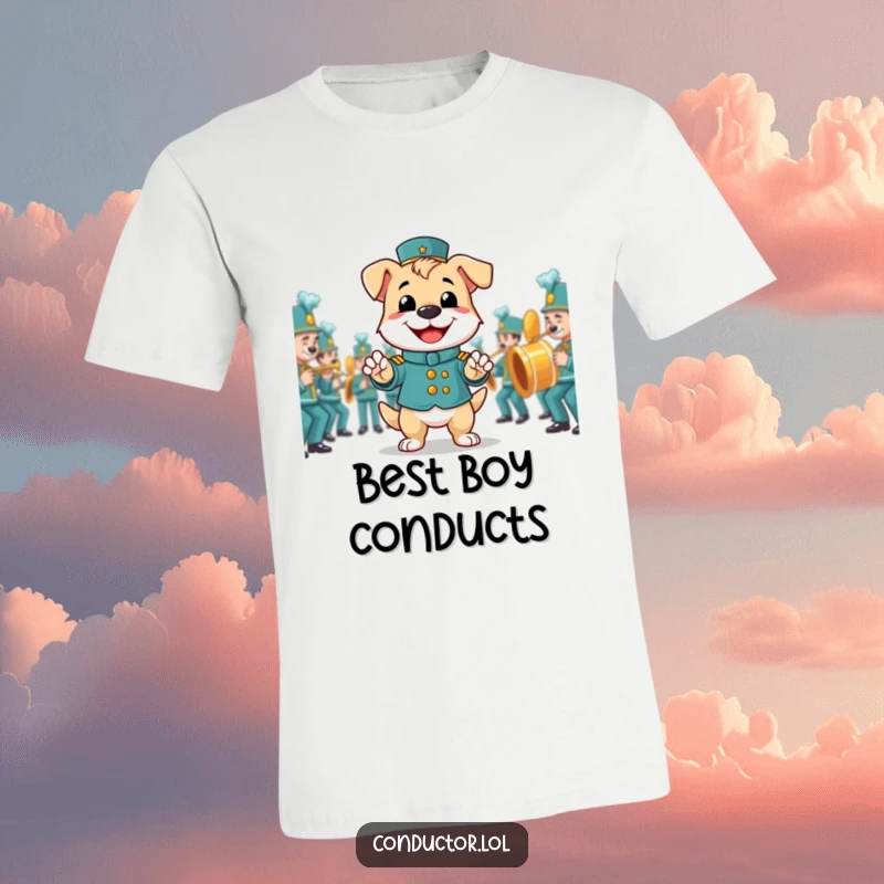 Funny t-shirt showing a smiling dog as a band director, leading a marching band with a proud, happy expression.