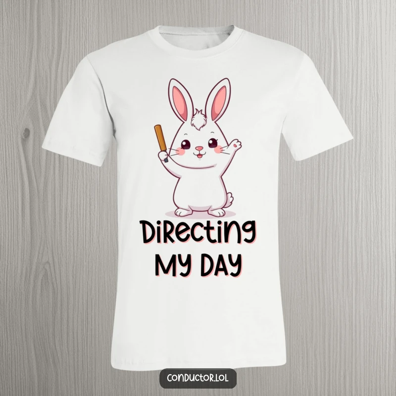 Funny t-shirt design of a playful rabbit with a stern but kind face, raising its baton in a commanding gesture.