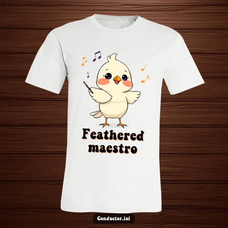 Funny t-shirt featuring a determined bird conductor chirping out musical cues with focused intensity, a true maestro.