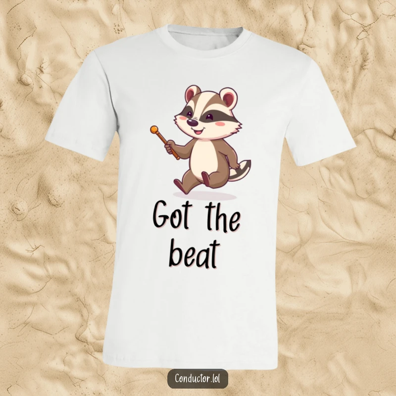 Funny t-shirt design of a cheerful badger with a baton, tapping its foot energetically while smiling, conveying pure zest.