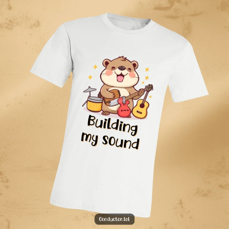 Funny beaming beaver cheerfully arranging musical instruments with enthusiasm, comfortable t-shirt.