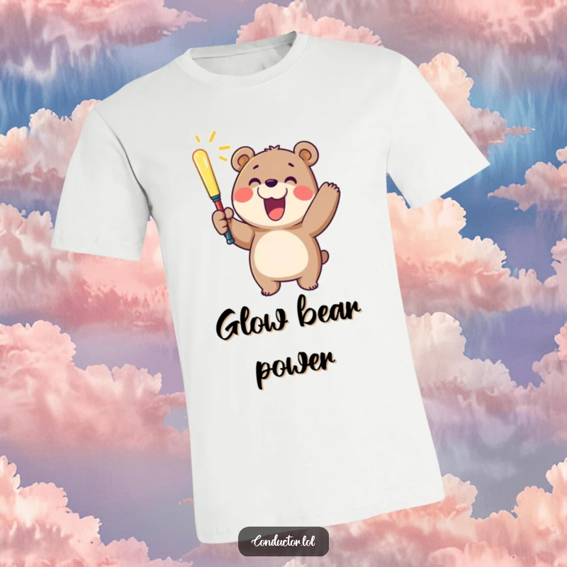 Funny t-shirt featuring a happy bear waving a glowing baton with a big smile, perfect for spreading cheer.