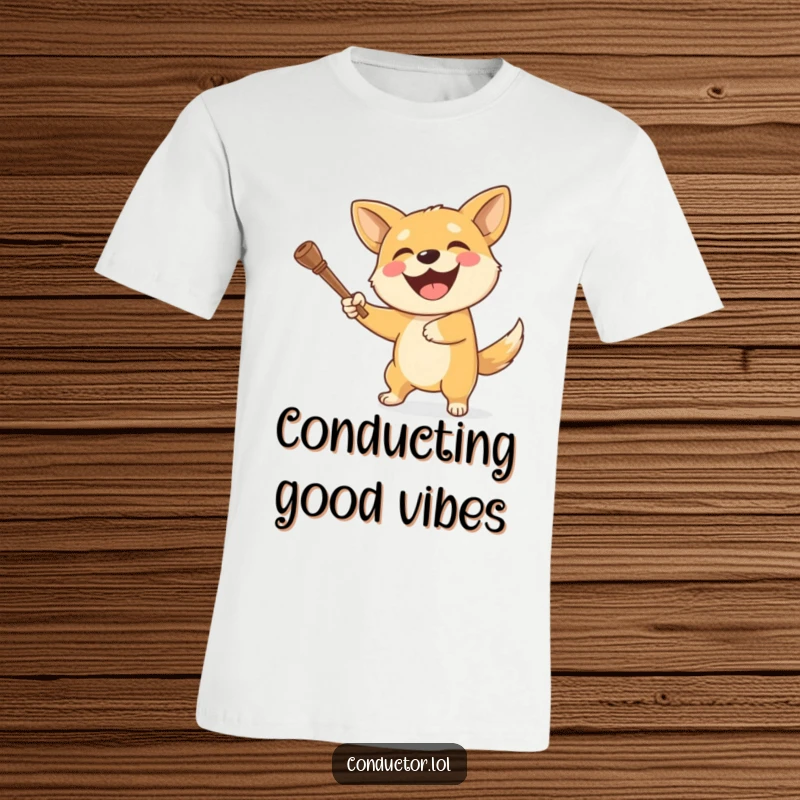 Funny dog t-shirt showing an excited dog enthusiastically swinging a baton with a massive, joyful grin.
