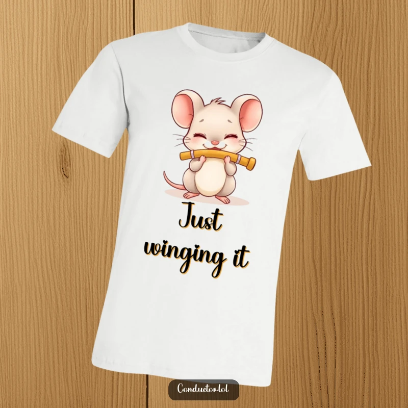 Funny Flute Mouse T-Shirt: Tiny mouse with closed eyes happily plays a flute, a cute musical gift.