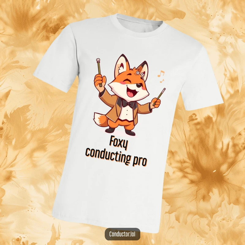 Funny Fox Conductor T-Shirt featuring a grinning fox maestro striking a dramatic pose with a baton held high, full of energy.