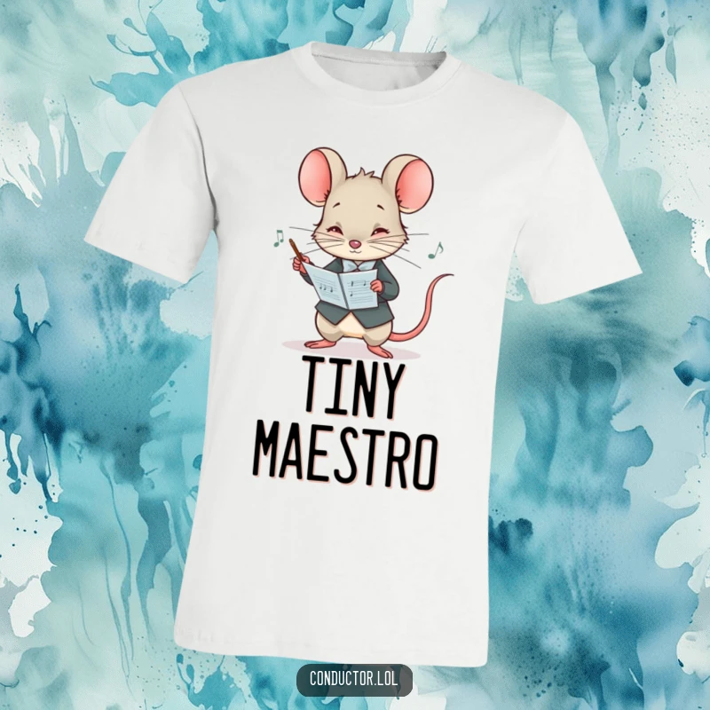 Funny t-shirt featuring a curious mouse conductor peering at a musical score with intense concentration, a tiny genius.