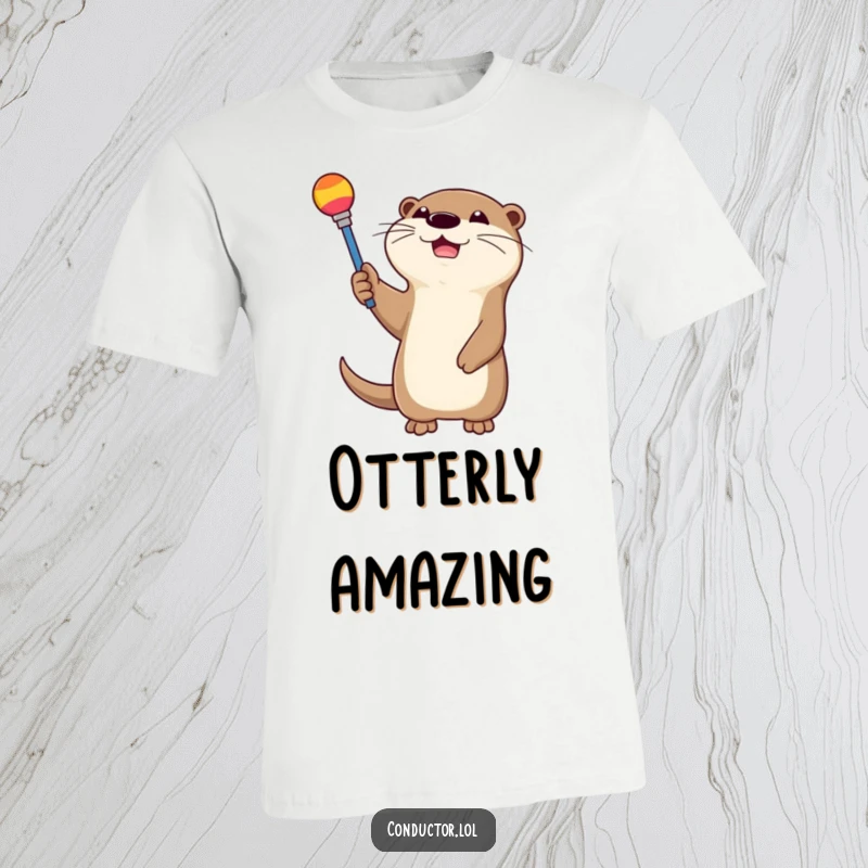 Funny, happy otter waving a colorful baton with glee, depicted on a comfortable t-shirt. Great for conductors.