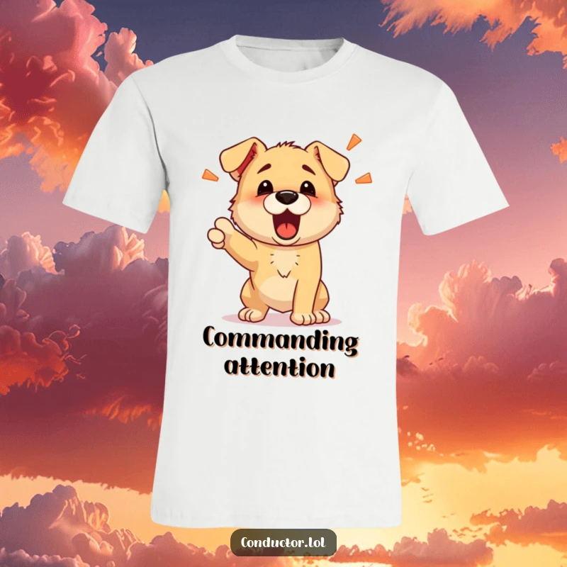 Funny t-shirt with a determined puppy barking energetic commands, embodying playful authority and humor for dog lovers.