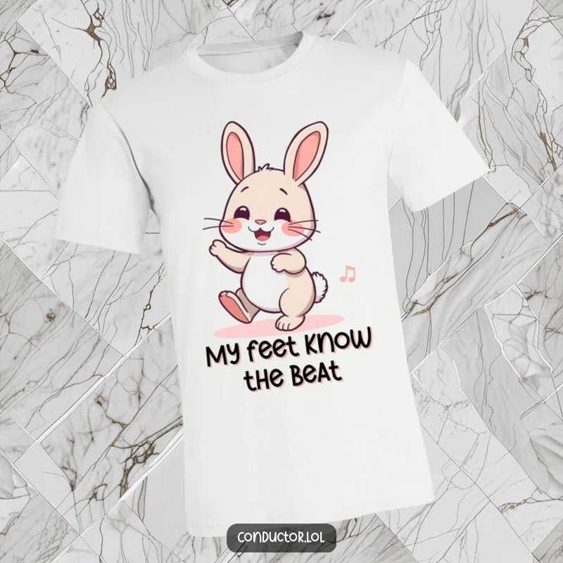 Funny t-shirt with a cheerful rabbit tapping its foot to unheard music, full of life and playful energy, a humorous design.