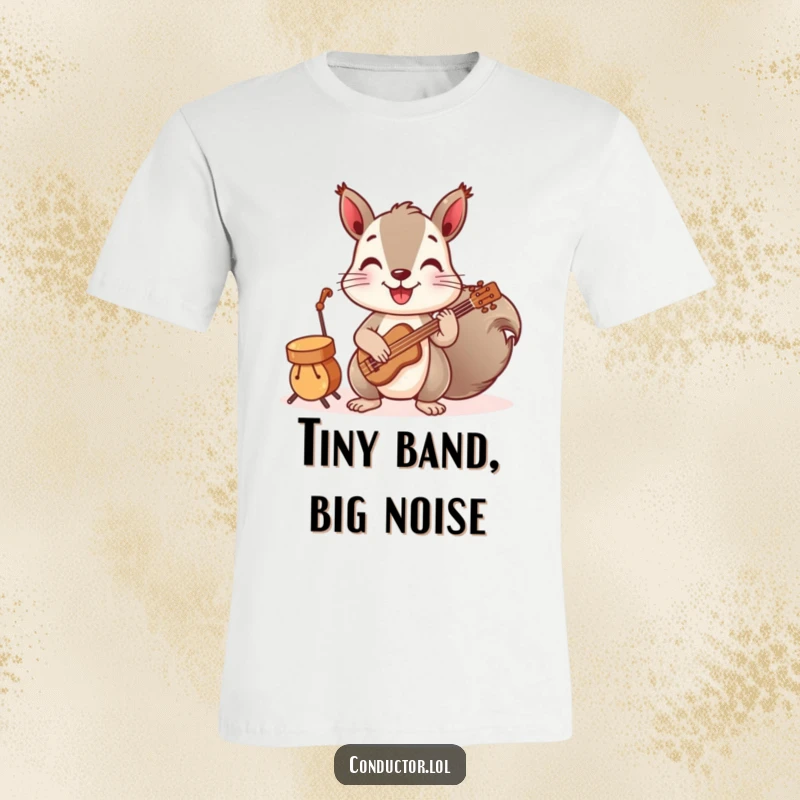 Funny t-shirt featuring a playful squirrel leading a band of tiny musical instruments, radiating cheerful energy and musical merriment.