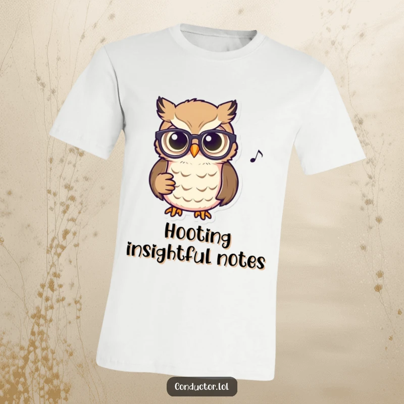 Funny Owl Conductor T-Shirt: An owl wearing spectacles intently watches a musical score with glowing eyes, representing focus and musical depth.