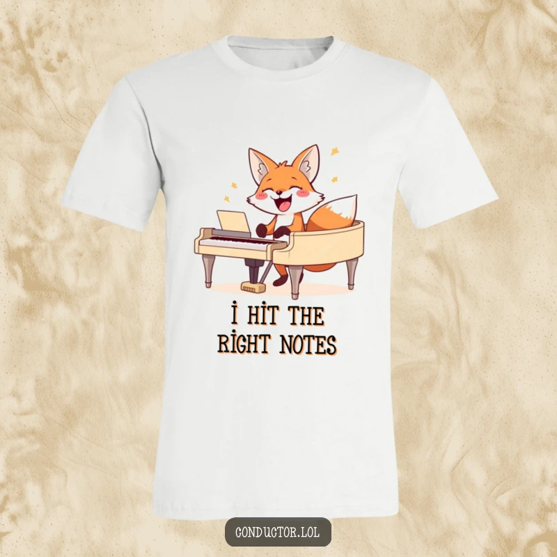 Funny fox t-shirt, depicting a joyful fox striking a powerful chord on a grand piano with a big grin.