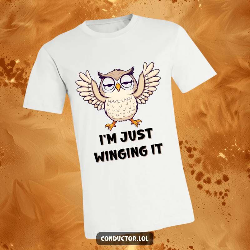 Funny t-shirt with a curious owl dramatically throwing its arms wide, showcasing expressive humor and perfect for gifting.