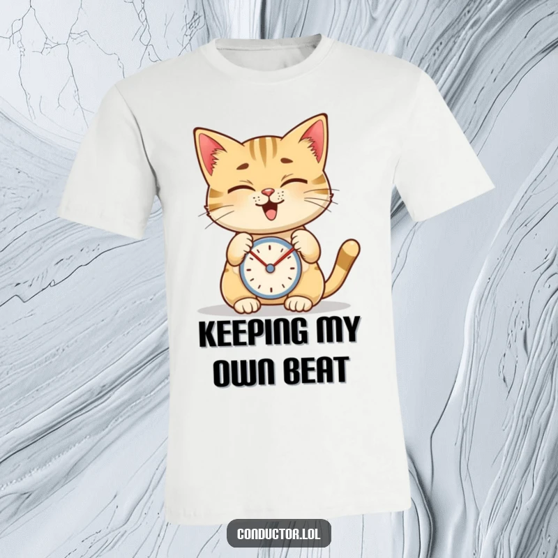 Funny t-shirt displaying a giggling cat tapping a metronome with intense focus, perfect for music lovers.