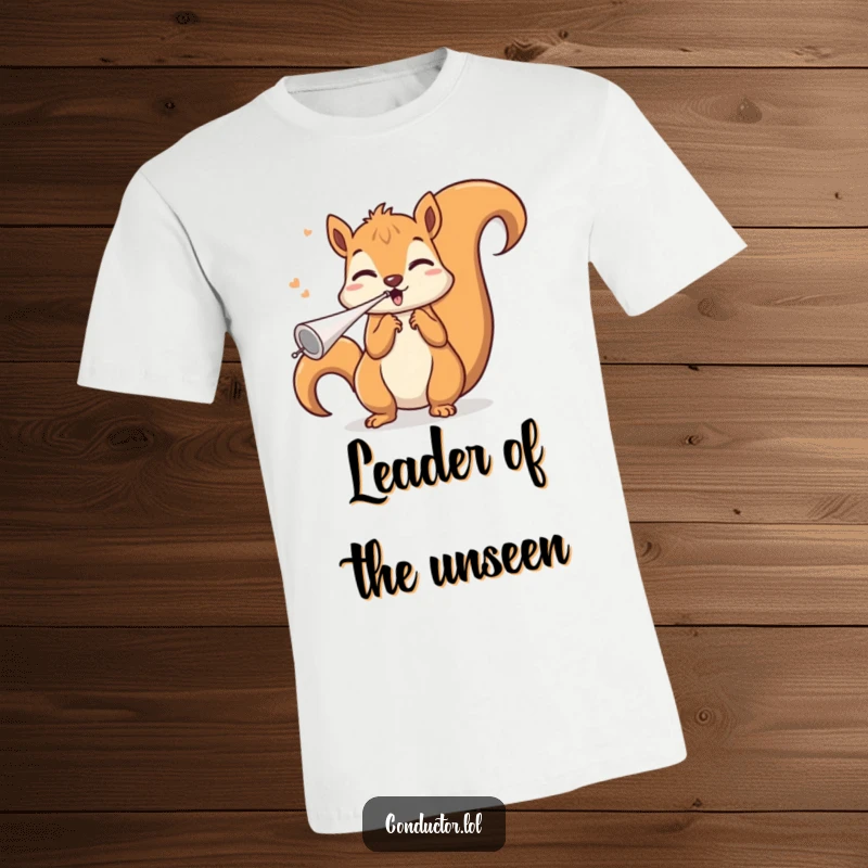 Funny squirrel conductor t-shirt, blowing an invisible whistle with a triumphant flourish, showcasing musical energy and quirky humor for everyday wear.
