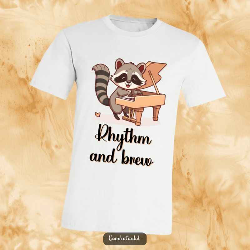 Funny T-Shirt: Happy raccoon energetically playing grand piano keys with its tail, a comical virtuoso.